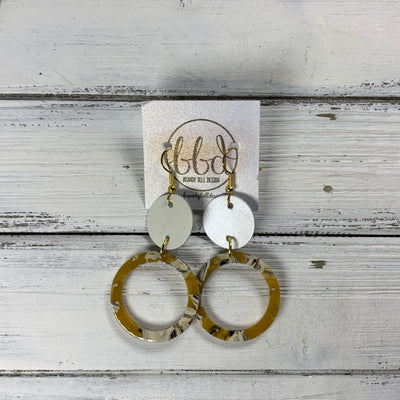 ACRYLIC & LEATHER *LIMITED EDITION* - Leather Earrings  ||    <BR> PEARL WHITE, <BR> MUSTARD ACRYLIC CIRCLE