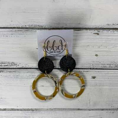 ACRYLIC & LEATHER *LIMITED EDITION* - Leather Earrings  ||    <BR> SHIMMER BLACK, <BR> MUSTARD ACRYLIC CIRCLE