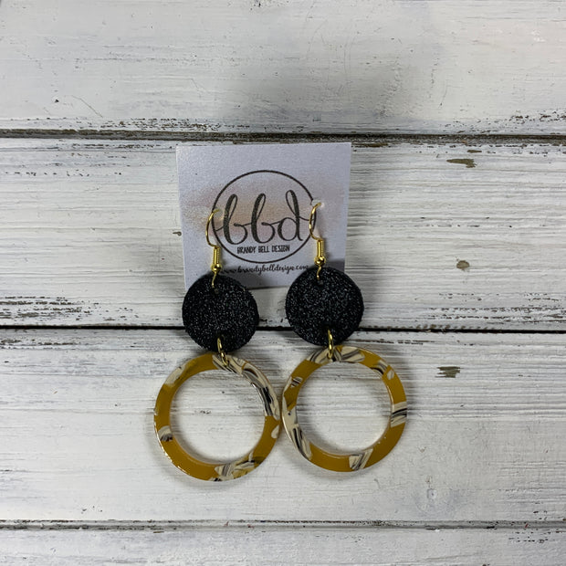ACRYLIC & LEATHER *LIMITED EDITION* - Leather Earrings  ||    <BR> SHIMMER BLACK, <BR> MUSTARD ACRYLIC CIRCLE