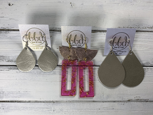 ACRYLIC & LEATHER *LIMITED EDITION* - Leather Earrings  ||    <BR> SHIMMER VINTAGE PINK, <BR> BLUSH ACRYLIC RECTANGLE