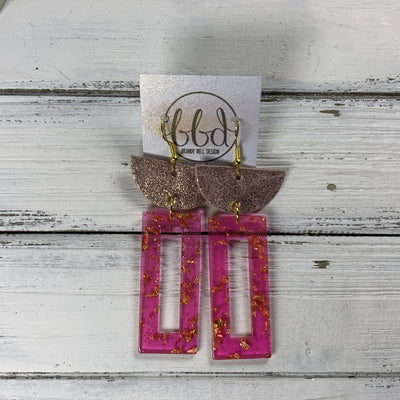 ACRYLIC & LEATHER *LIMITED EDITION* - Leather Earrings  ||    <BR> SHIMMER VINTAGE PINK, <BR> HOT PINK/GOLD ACRYLIC RECTANGLE
