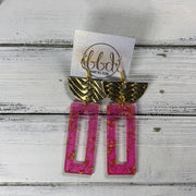 ACRYLIC & LEATHER *LIMITED EDITION* - Leather Earrings  ||    <BR> METALLIC GOLD BRAID, <BR> HOT PINK/GOLD ACRYLIC RECTANGLE