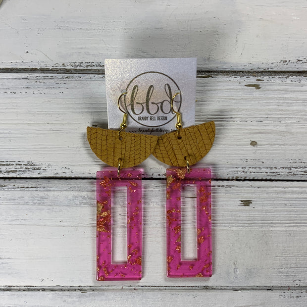 ACRYLIC & LEATHER *LIMITED EDITION* - Leather Earrings  ||    <BR> MUSTARD PALMS, <BR> HOT PINK/GOLD ACRYLIC RECTANGLE