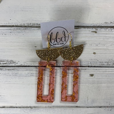ACRYLIC & LEATHER *LIMITED EDITION* - Leather Earrings  ||    <BR> GOLD GLITTER CORK, <BR> CORAL/GOLD ACRYLIC RECTANGLE
