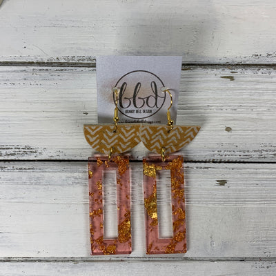 ACRYLIC & LEATHER *LIMITED EDITION* - Leather Earrings  ||    <BR> MUSTARD CHEVRON CORK, <BR> CORAL/GOLD ACRYLIC RECTANGLE