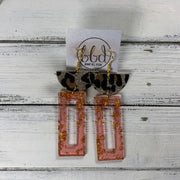 ACRYLIC & LEATHER *LIMITED EDITION* - Leather Earrings  ||    <BR> GOLD GLITTER LEOPARD CORK, <BR> CORAL/GOLD ACRYLIC RECTANGLE