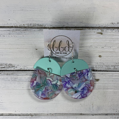 ACRYLIC & LEATHER *LIMITED EDITION* - Leather Earrings  ||    <BR> MATTE AQUA SMOOTH, <BR> LAVENDER ACRYLIC D-SHAPE