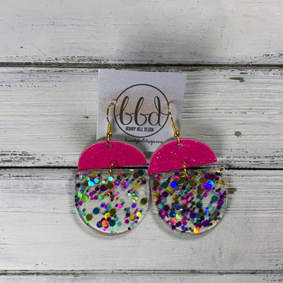 ACRYLIC & LEATHER *LIMITED EDITION* - Leather Earrings  ||    <BR> NEON PINK GLITTER ON CORK, <BR> CONFETTI ACRYLIC D-SHAPE