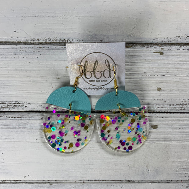 ACRYLIC & LEATHER *LIMITED EDITION* - Leather Earrings  ||    <BR> MATTE ROBINS EGG BLUE, <BR> CONFETTI ACRYLIC D-SHAPE