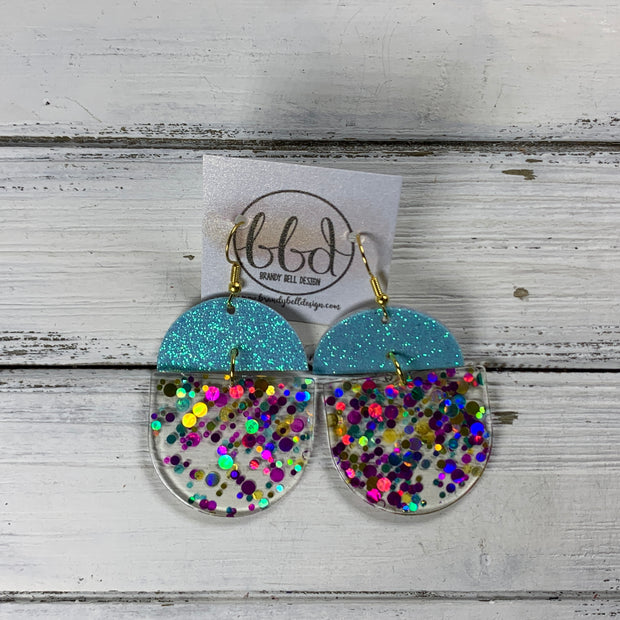 ACRYLIC & LEATHER *LIMITED EDITION* - Leather Earrings  ||    <BR> AQUA GLITTER ON CORK, <BR> CONFETTI ACRYLIC D-SHAPE