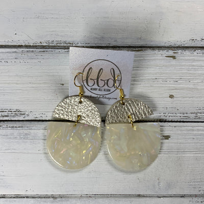 ACRYLIC & LEATHER *LIMITED EDITION* - Leather Earrings  ||    <BR> METALLIC CHAMPAGNE PEBBLED, <BR> IVORY ACRYLIC D-SHAPE