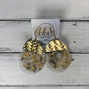 ACRYLIC & LEATHER *LIMITED EDITION* - Leather Earrings  ||    <BR> METALLIC GOLD BRAID, <BR> IVORY/GOLD ACRYLIC D-SHAPE
