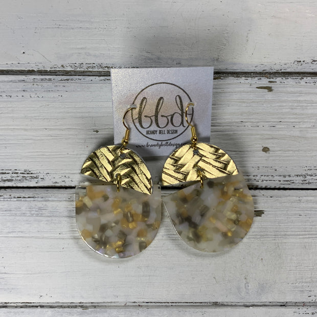 ACRYLIC & LEATHER *LIMITED EDITION* - Leather Earrings  ||    <BR> METALLIC GOLD BRAID, <BR> IVORY/GOLD ACRYLIC D-SHAPE