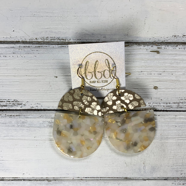ACRYLIC & LEATHER *LIMITED EDITION* - Leather Earrings  ||    <BR> METALLIC CHAMPAGNE ANIMAL PRINT , <BR> IVORY/GOLD ACRYLIC D-SHAPE