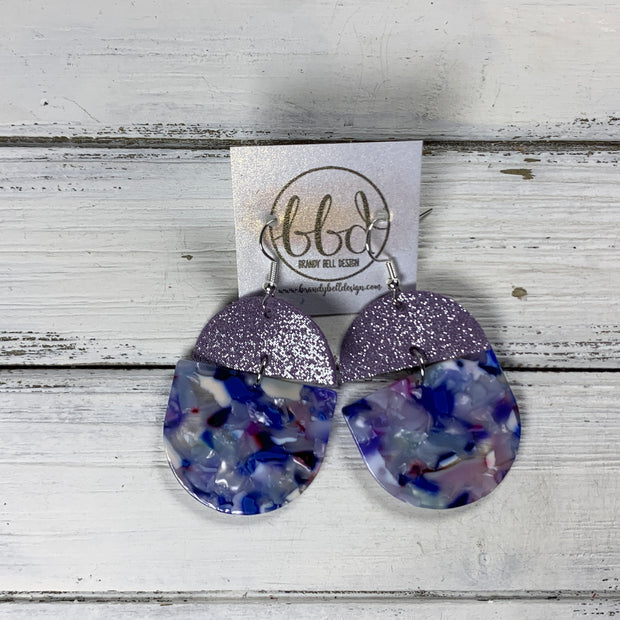 ACRYLIC & LEATHER *LIMITED EDITION* - Leather Earrings  ||    <BR> SHIMMER LAVENDER, <BR> PURPLE/BLUE ACRYLIC D-SHAPE