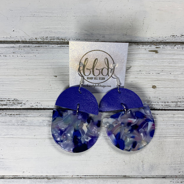 ACRYLIC & LEATHER *LIMITED EDITION* - Leather Earrings  ||    <BR> MATTE COBALT ELECTRIC BLUE, <BR> PURPLE/BLUE ACRYLIC D-SHAPE