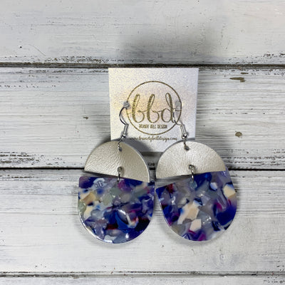 ACRYLIC & LEATHER *LIMITED EDITION* - Leather Earrings  ||    <BR> CHAMPAGNE. PEARL, <BR> PURPLE/BLUE ACRYLIC D-SHAPE