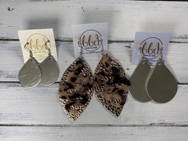 ACRYLIC & LEATHER *LIMITED EDITION* - Leather Earrings  ||    <BR> METALLIC CHAMPAGNE SMOOTH, <BR> ACRYLIC SNAKE