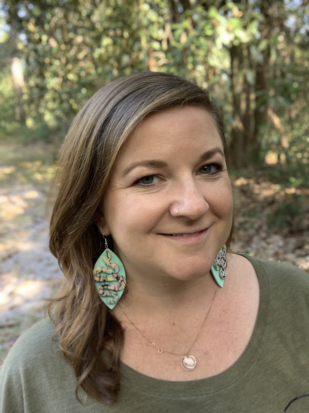 ACRYLIC & LEATHER *LIMITED EDITION* - Leather Earrings  ||    <BR> BLACK PALMS, <BR> ACRYLIC SNAKE