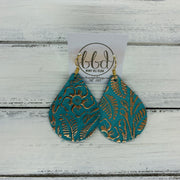 ZOEY (3 sizes available!) -  Leather Earrings  ||   METALLIC ROSE GOLD WESTERN FLORAL ON AQUA