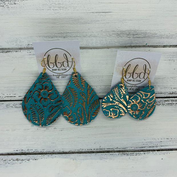 ZOEY (3 sizes available!) -  Leather Earrings  ||   METALLIC ROSE GOLD WESTERN FLORAL ON AQUA
