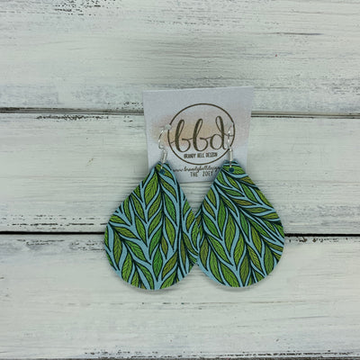 ZOEY (3 sizes available!) -  Leather Earrings  ||   GREEN LEAVES ON AQUA