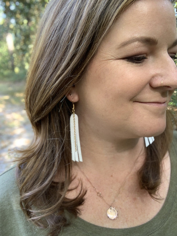 AVA - Leather Earrings  ||    <BR> METALLIC BLACK SMOOTH (*Choose Chain finish)