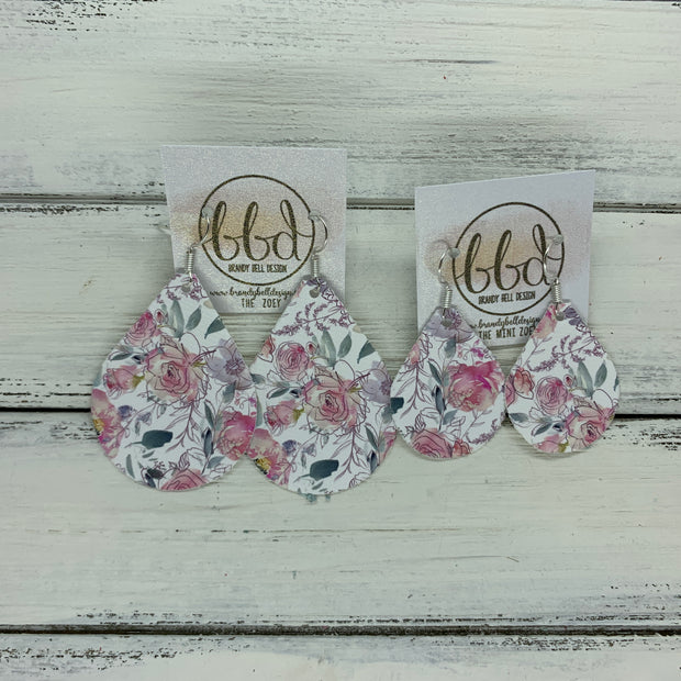 ZOEY (3 sizes available!) -  Leather Earrings  ||   PINK WATERCOLOR & DRAWN FLORAL (FAUX LEATHER)
