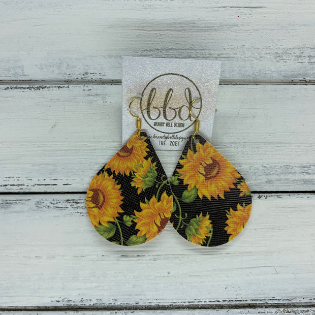 ZOEY (3 sizes available!) -  Leather Earrings  ||   SUNFLOWERS ON BLACK (FAUX LEATHER)