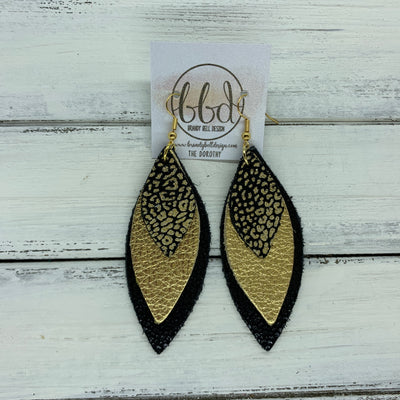DOROTHY - Leather Earrings  ||  <BR> METALLIC GOLD & BLACK MINI CHEETAH,   <BR> METALLIC GOLD PEBBLED, <BR> BLACK WITH GLOSS DOTS