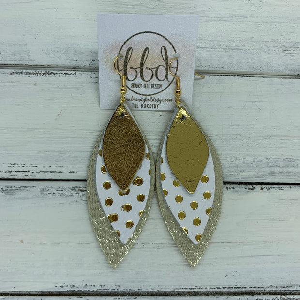 DOROTHY - Leather Earrings  ||  <BR> METALLIC GOLD SMOOTH,   <BR> METALLIC GOLD POLKADOTS ON WHITE, <BR> SHIMMER GOLD