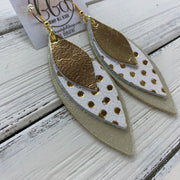 DOROTHY - Leather Earrings  ||  <BR> METALLIC GOLD SMOOTH,   <BR> METALLIC GOLD POLKADOTS ON WHITE, <BR> SHIMMER GOLD