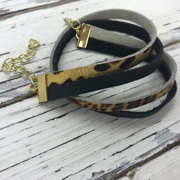 WRAP BRACELET - SPENCER ||    Handmade by Brandy Bell Design ||  MATTE BLACK / METALLIC CHEETAH PRINT