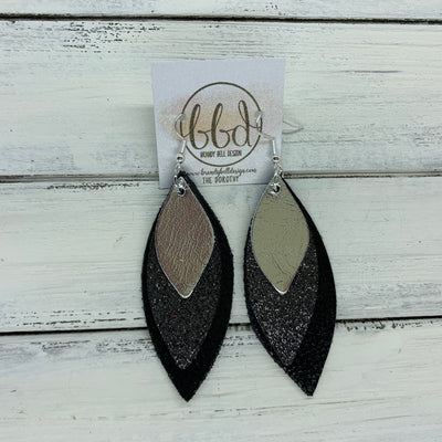 DOROTHY - Leather Earrings  ||  <BR> METALLIC SILVER SMOOTH,   <BR> SHIMMER PEWTER, <BR> BLACK WITH GLOSS DOTS