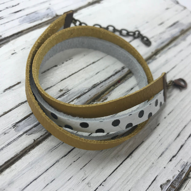 WRAP BRACELET - SPENCER ||    Handmade by Brandy Bell Design ||  MATTE MUSTARD YELLOW / WHITE WITH BLACK POLKADOTS