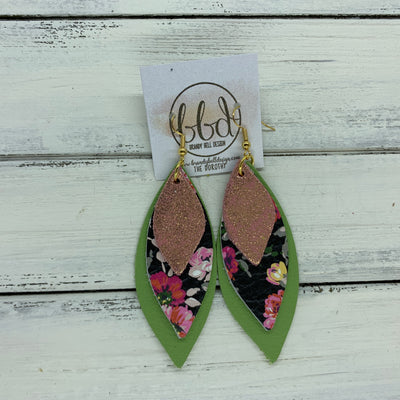 DOROTHY - Leather Earrings  ||  <BR> SHIMMER VINTAGE PINK,   <BR> PINK FLORAL ON BLACK, <BR> MATTE SPRING GREEN