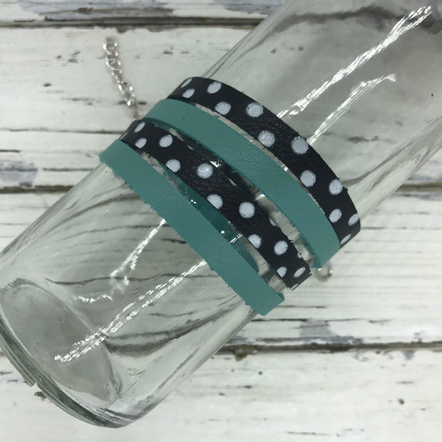 WRAP BRACELET - SPENCER ||    Handmade by Brandy Bell Design ||  DUSTY AQUA / BLACK WITH WHITE POLKADOTS