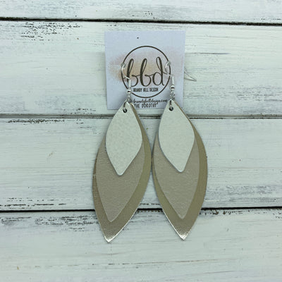 DOROTHY - Leather Earrings  ||  <BR> WHITE PEARL,   <BR> CHAMPAGNE PEARL, <BR> METALLIC CHAMPAGNE SMOOTH