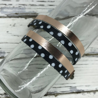 WRAP BRACELET - SPENCER ||    Handmade by Brandy Bell Design ||  METALLIC ROSE GOLD / BLACK WITH WHITE POLKADOTS