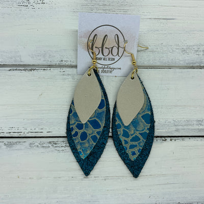 DOROTHY - Leather Earrings  ||  <BR> CHAMPAGNE PEARL,   <BR> METALLIC TEAL MYSTIC, <BR> SHIMMER TEAL