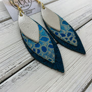 DOROTHY - Leather Earrings  ||  <BR> CHAMPAGNE PEARL,   <BR> METALLIC TEAL MYSTIC, <BR> SHIMMER TEAL