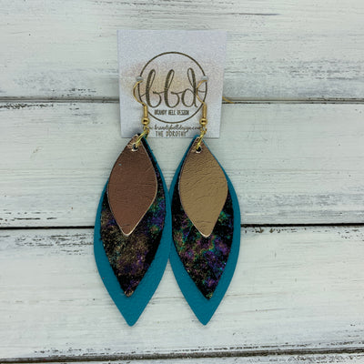 DOROTHY - Leather Earrings  ||  <BR> METALLIC ROSE GOLD SMOOTH,   <BR> IRIDESCENT NORTHERN LIGHTS, <BR> MATTE TEAL