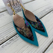 DOROTHY - Leather Earrings  ||  <BR> METALLIC ROSE GOLD SMOOTH,   <BR> IRIDESCENT NORTHERN LIGHTS, <BR> MATTE TEAL