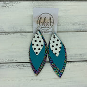 DOROTHY - Leather Earrings  ||  <BR> BLACK & WHITE POLKADOTS,   <BR> MATTE TEAL, <BR> METALLIC ANTIQUE MERMAID