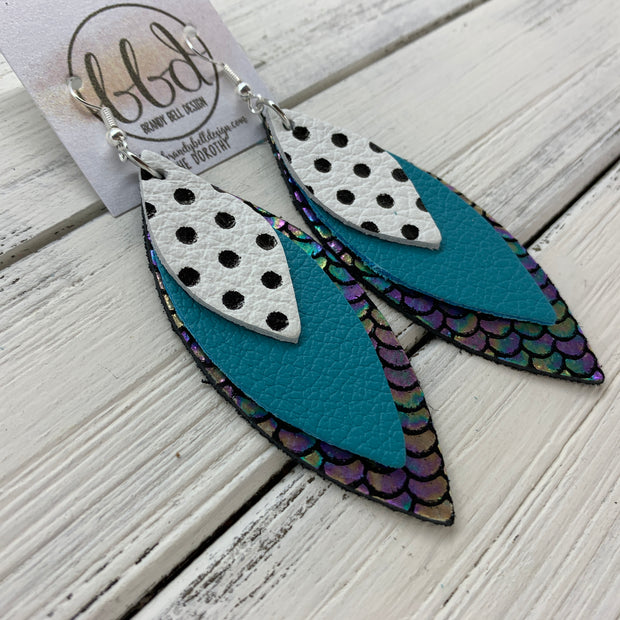 DOROTHY - Leather Earrings  ||  <BR> BLACK & WHITE POLKADOTS,   <BR> MATTE TEAL, <BR> METALLIC ANTIQUE MERMAID