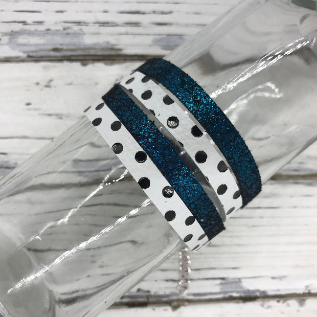 WRAP BRACELET - SPENCER ||    Handmade by Brandy Bell Design ||  SHIMMER TEAL / WHITE WITH BLACK POLKADOTS