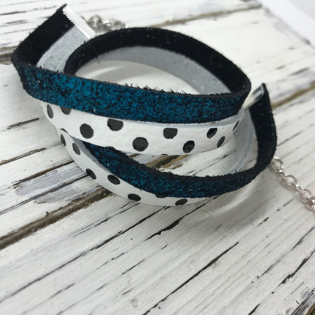 WRAP BRACELET - SPENCER ||    Handmade by Brandy Bell Design ||  SHIMMER TEAL / WHITE WITH BLACK POLKADOTS