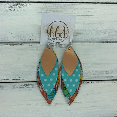 DOROTHY - Leather Earrings  ||  <BR> PEARLIZED PEACH,   <BR> AQUA WITH WHITE POLKADOTS , <BR> WATERCOLOR FLORAL