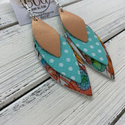 DOROTHY - Leather Earrings  ||  <BR> PEARLIZED PEACH,   <BR> AQUA WITH WHITE POLKADOTS , <BR> WATERCOLOR FLORAL