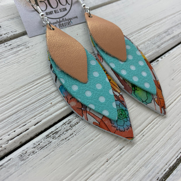 DOROTHY - Leather Earrings  ||  <BR> PEARLIZED PEACH,   <BR> AQUA WITH WHITE POLKADOTS , <BR> WATERCOLOR FLORAL